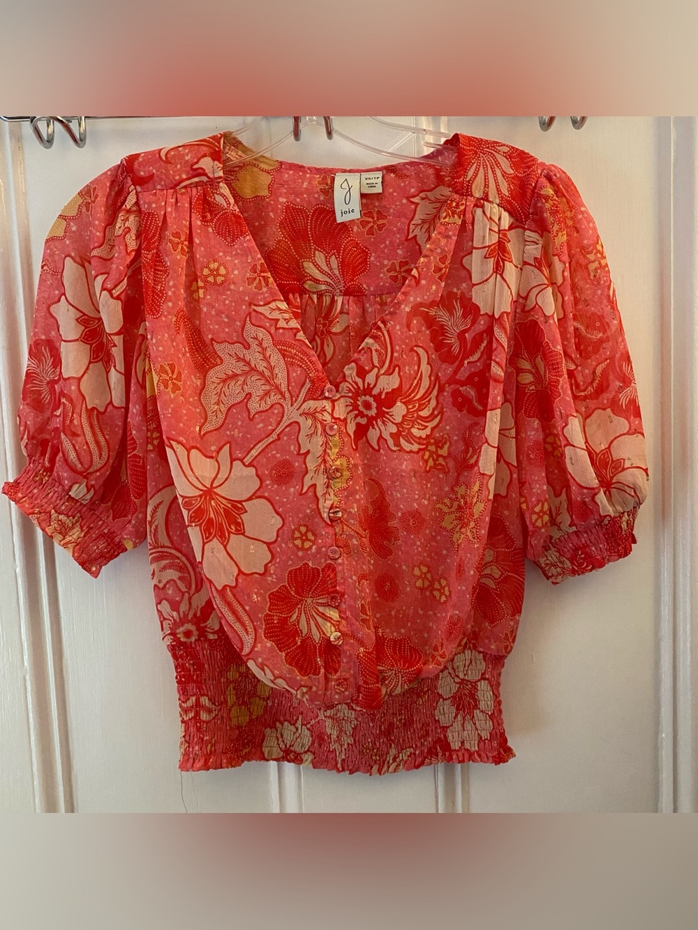 Joie Blouse Womens XS Hot Pink Floral Smocked Waist V Neck Boho Feminine Top